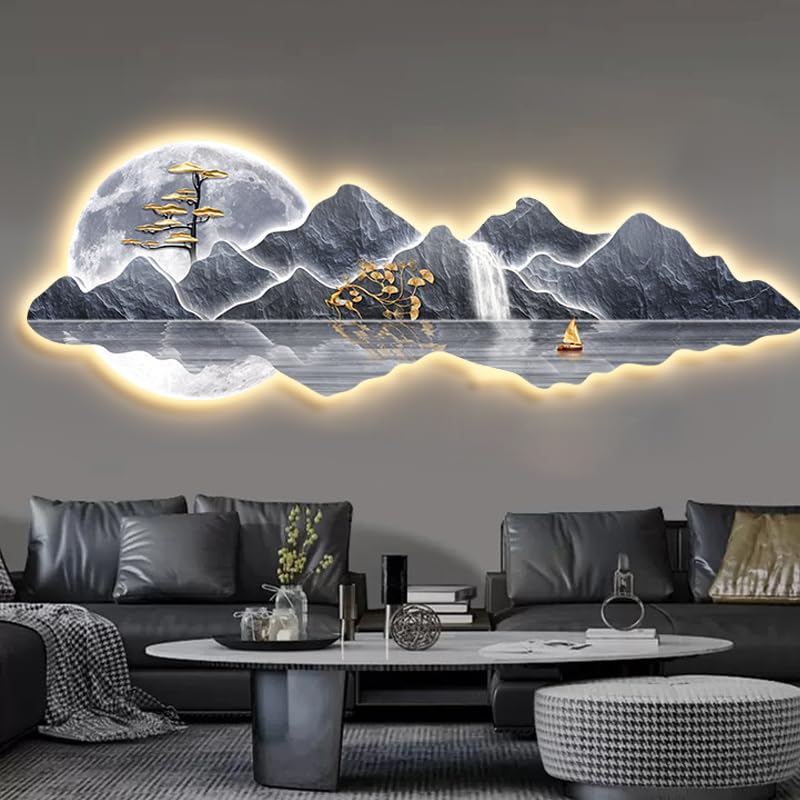 Amazon.com: Ecqizer 山水画客厅装饰画沙发背景墙LED灯画挂画感